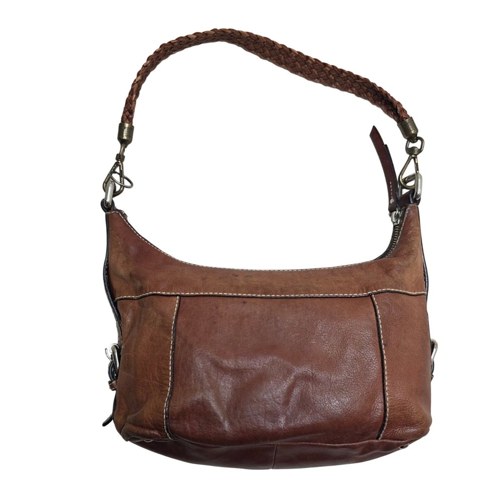Cognac Brown Leather Hobo Fossil Satchel Braided Strap Contrast Stitching Purse - Picture 2 of 10